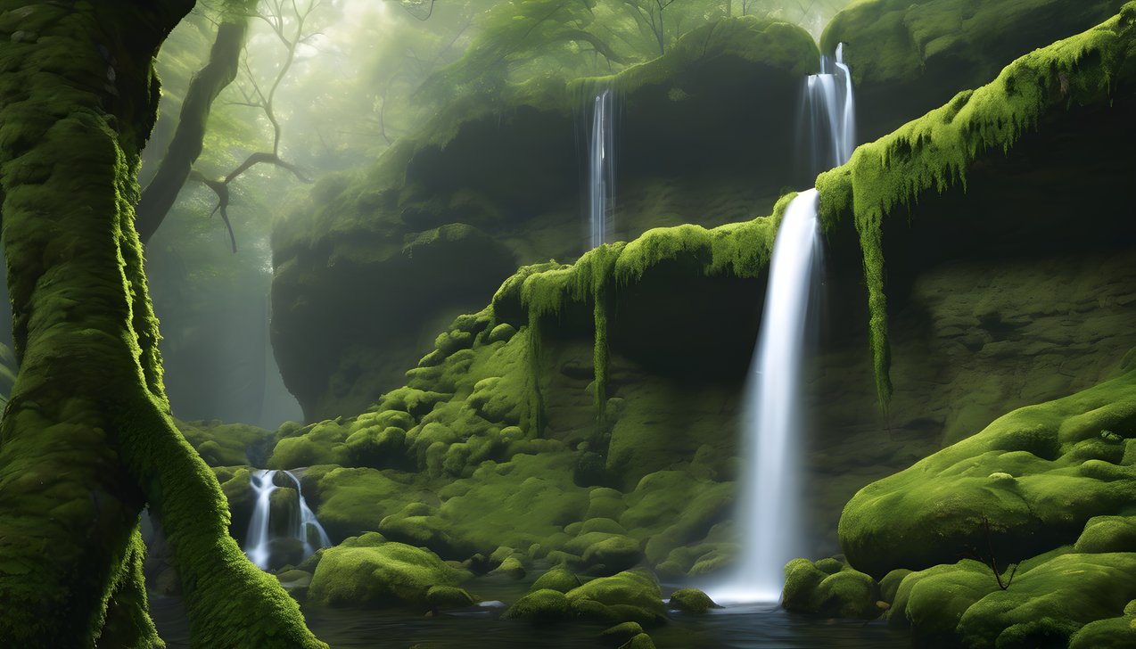 A waterfall dropping into a moss covered canyon