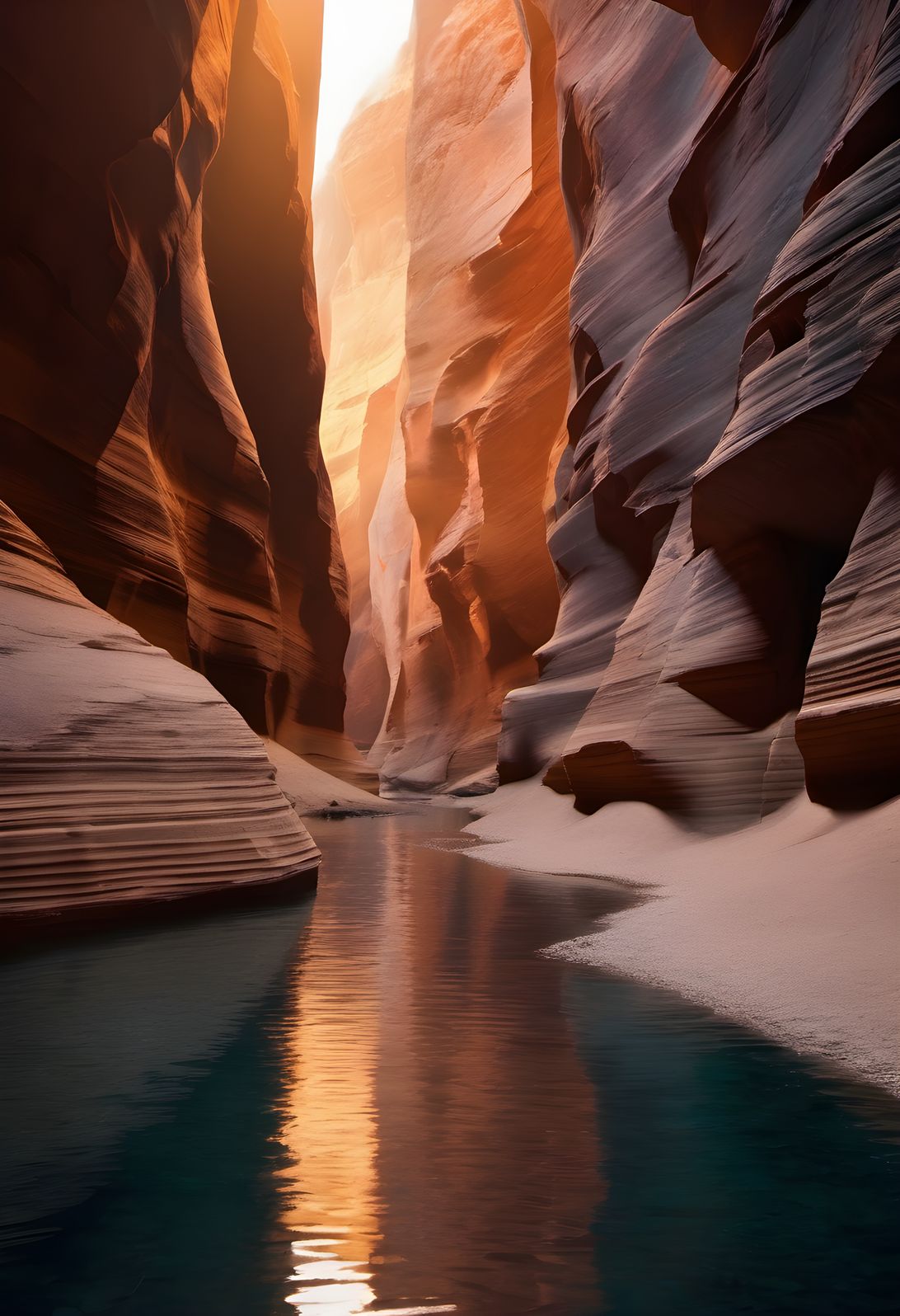 Reflected light bouncing through a narrow slot canyon in soft morning light