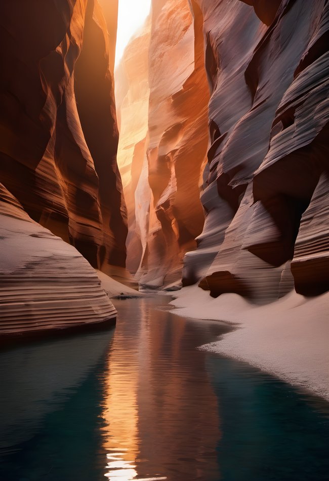 Reflected light bouncing through a narrow slot canyon in soft morning light