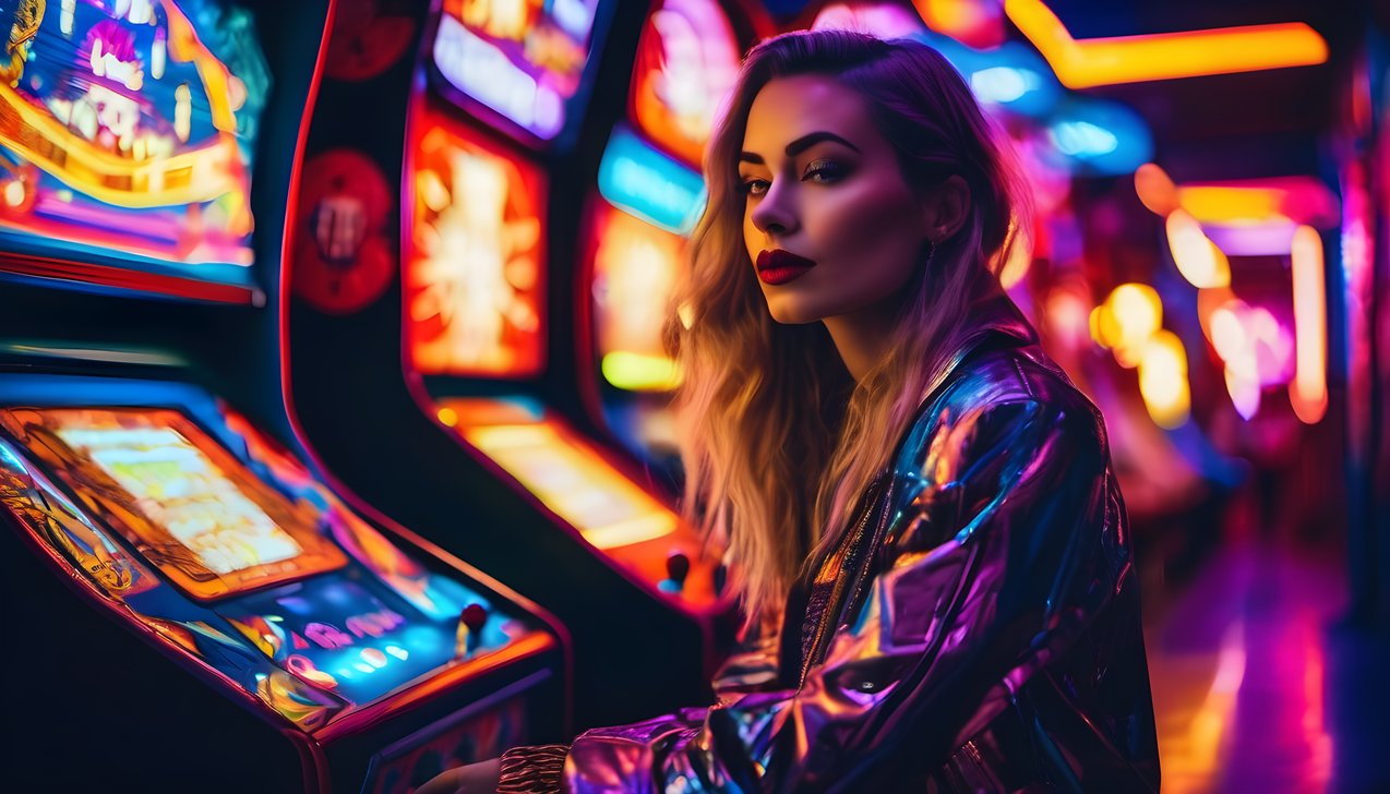 A young woman in a neon lit retro arcade with colorful glowing machines