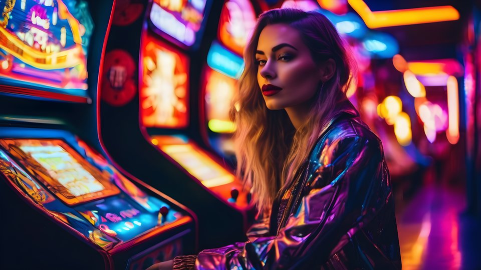 A young woman in a neon lit retro arcade with colorful glowing machines