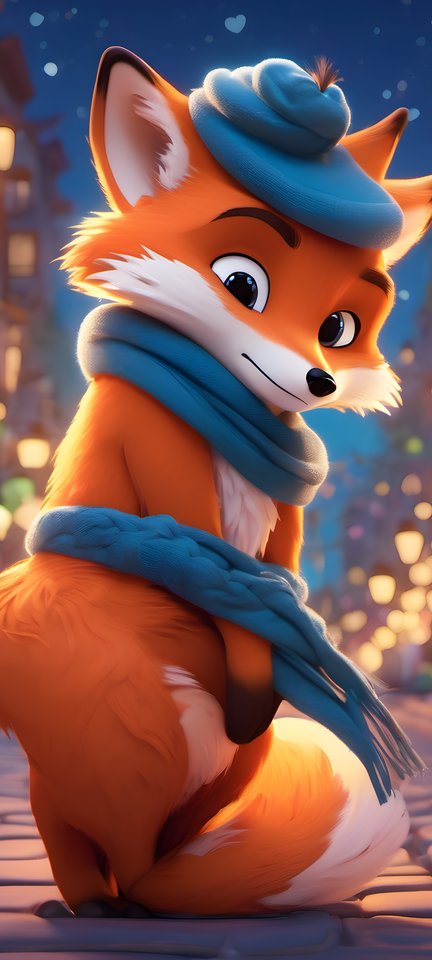 A cute 3D cartoon fox with a scarf in a cozy animated night city