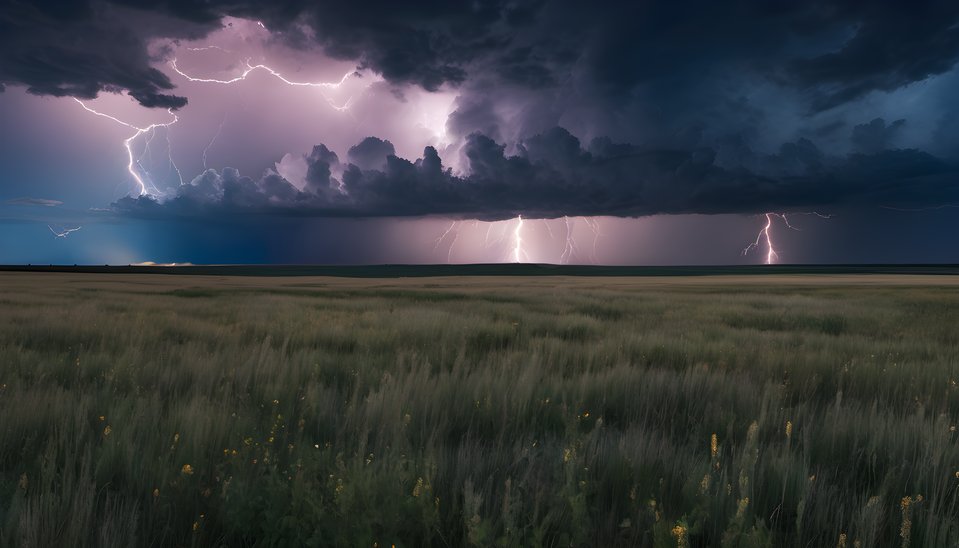 A thunderstorm rolling across the prairie at blue hour