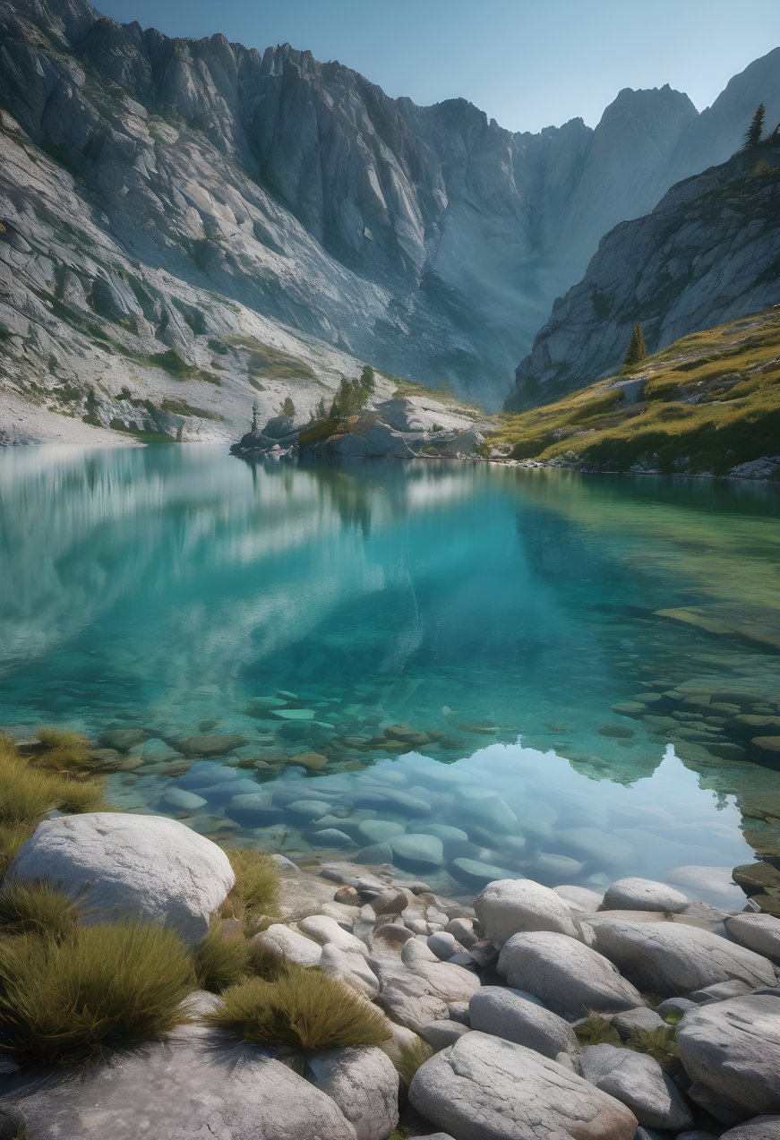 A turquoise alpine lake framed by granite shores in soft morning light