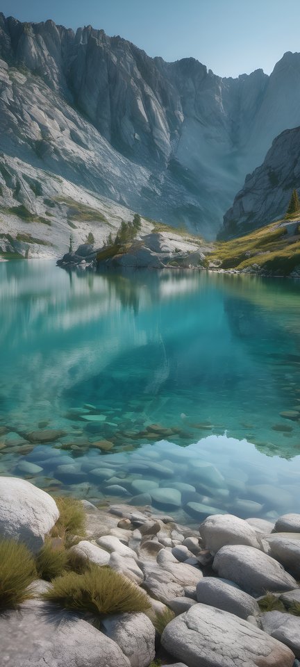 A turquoise alpine lake framed by granite shores in soft morning light