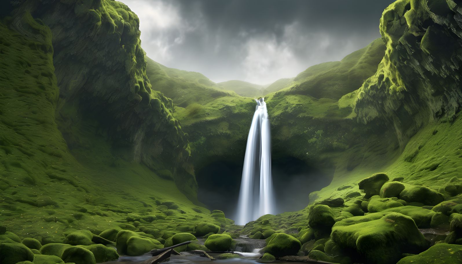 A waterfall dropping into a moss covered canyon after rain