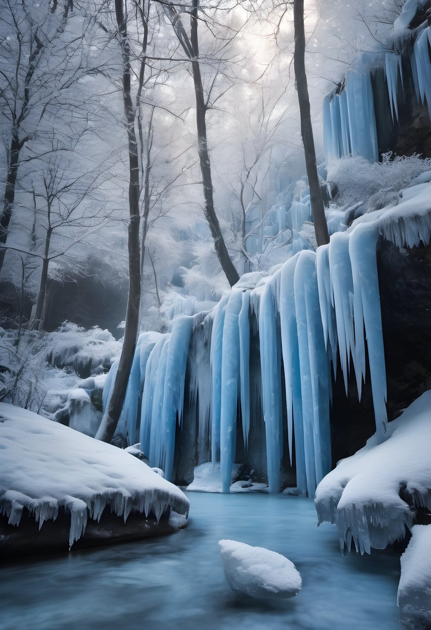 A waterfall frozen into blue ice columns in soft morning light