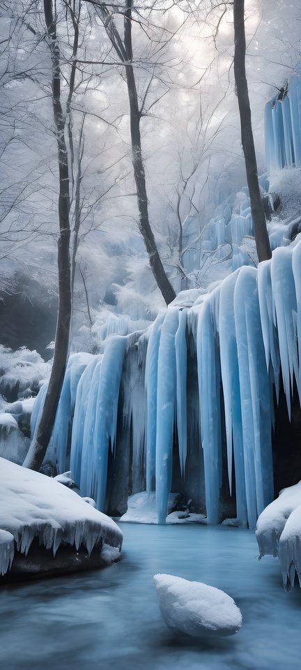A waterfall frozen into blue ice columns in soft morning light