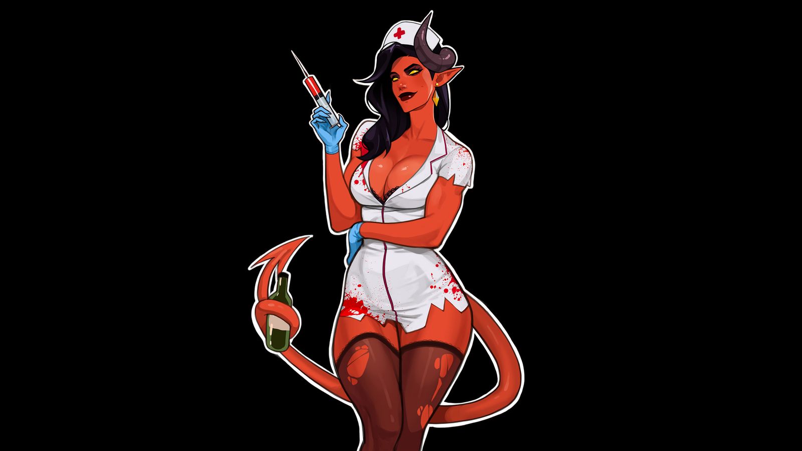 A stylized red demon nurse with horns and tail holds a syringe while her tail grips a bottle.