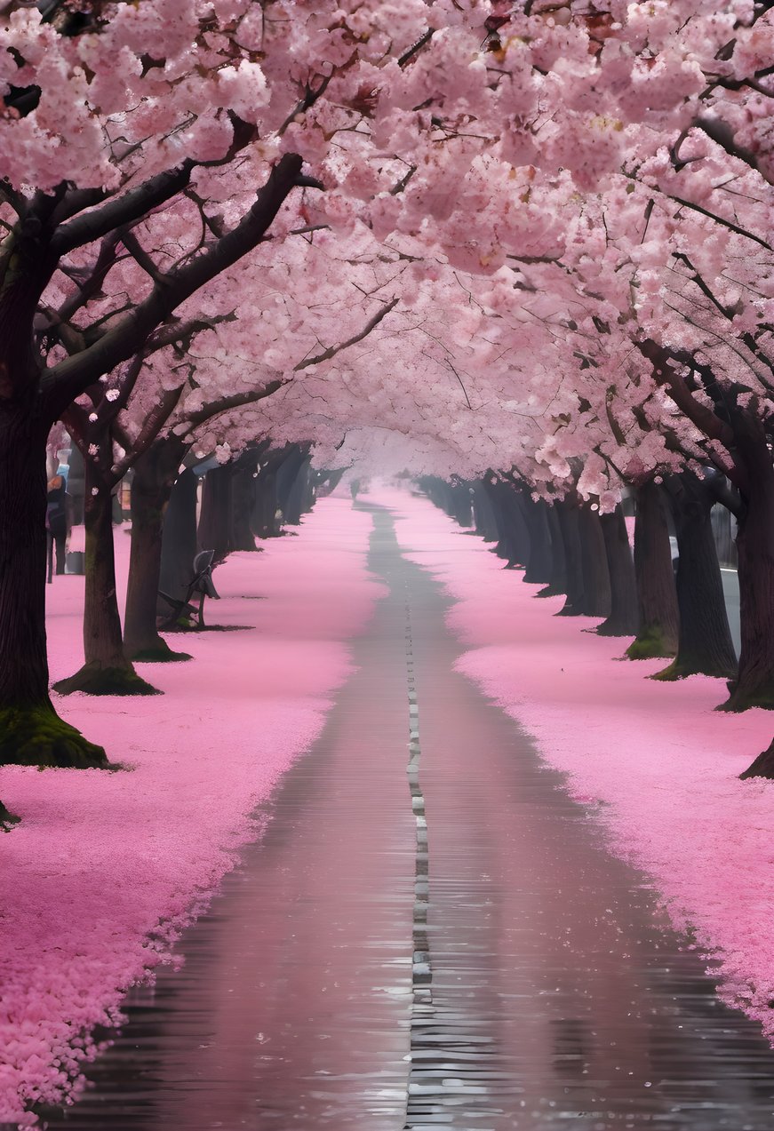 An avenue of cherry trees in full spring bloom after rain