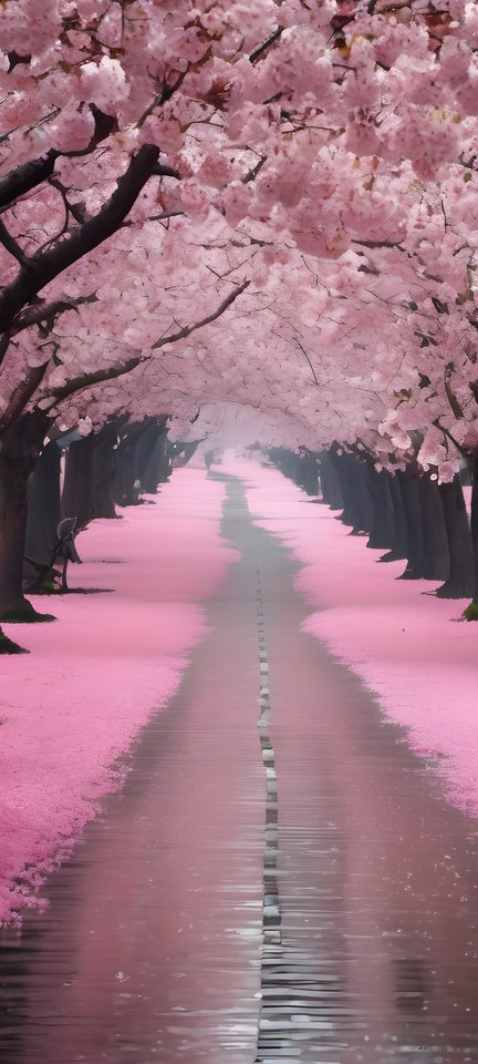 An avenue of cherry trees in full spring bloom after rain