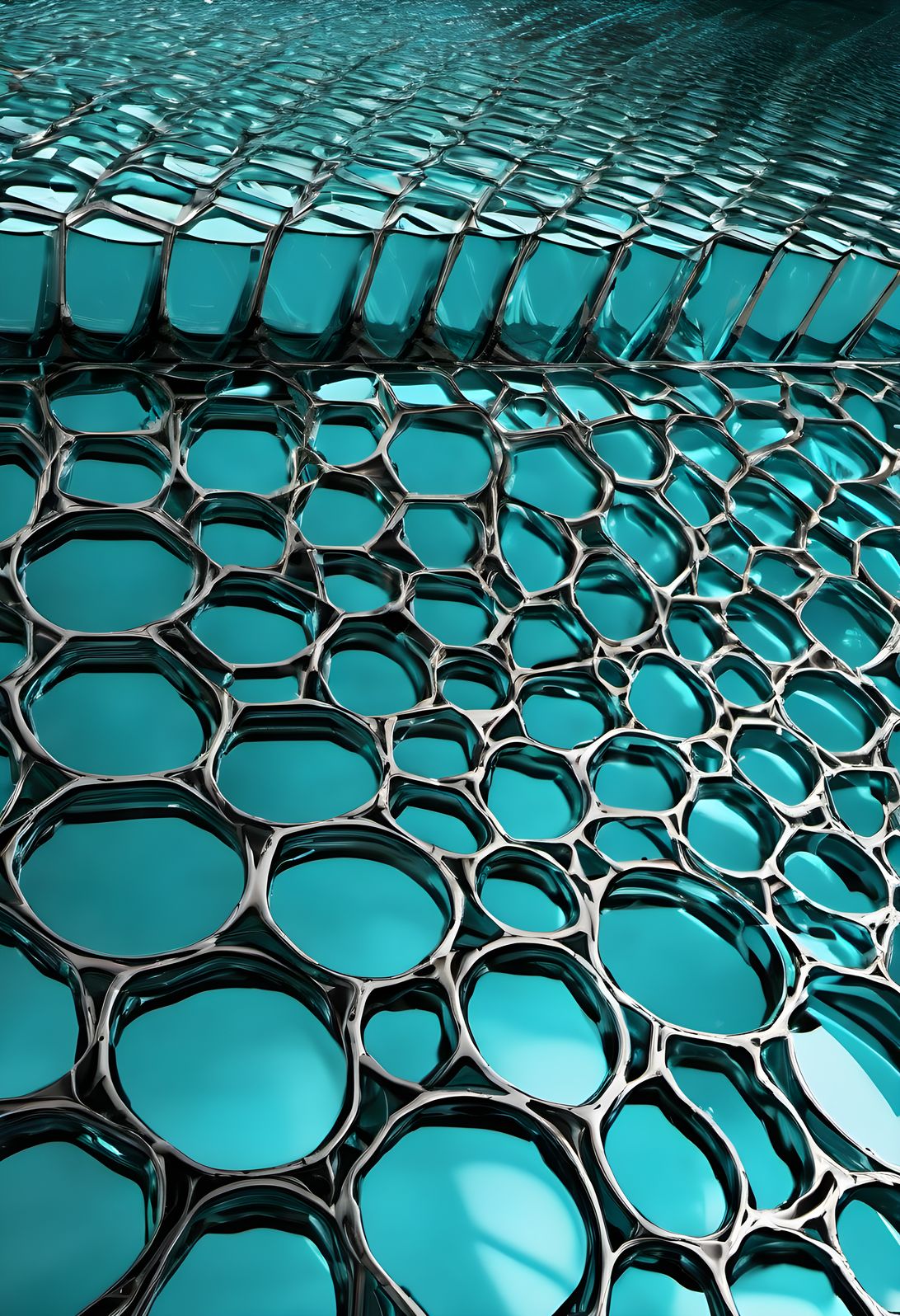 Cyan light refracting through glass patterns with high contrast