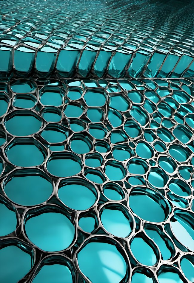 Cyan light refracting through glass patterns with high contrast