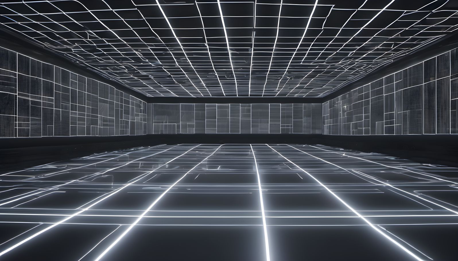 A laser grid projected through a dark room with shallow depth of field