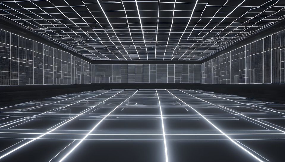 A laser grid projected through a dark room with shallow depth of field