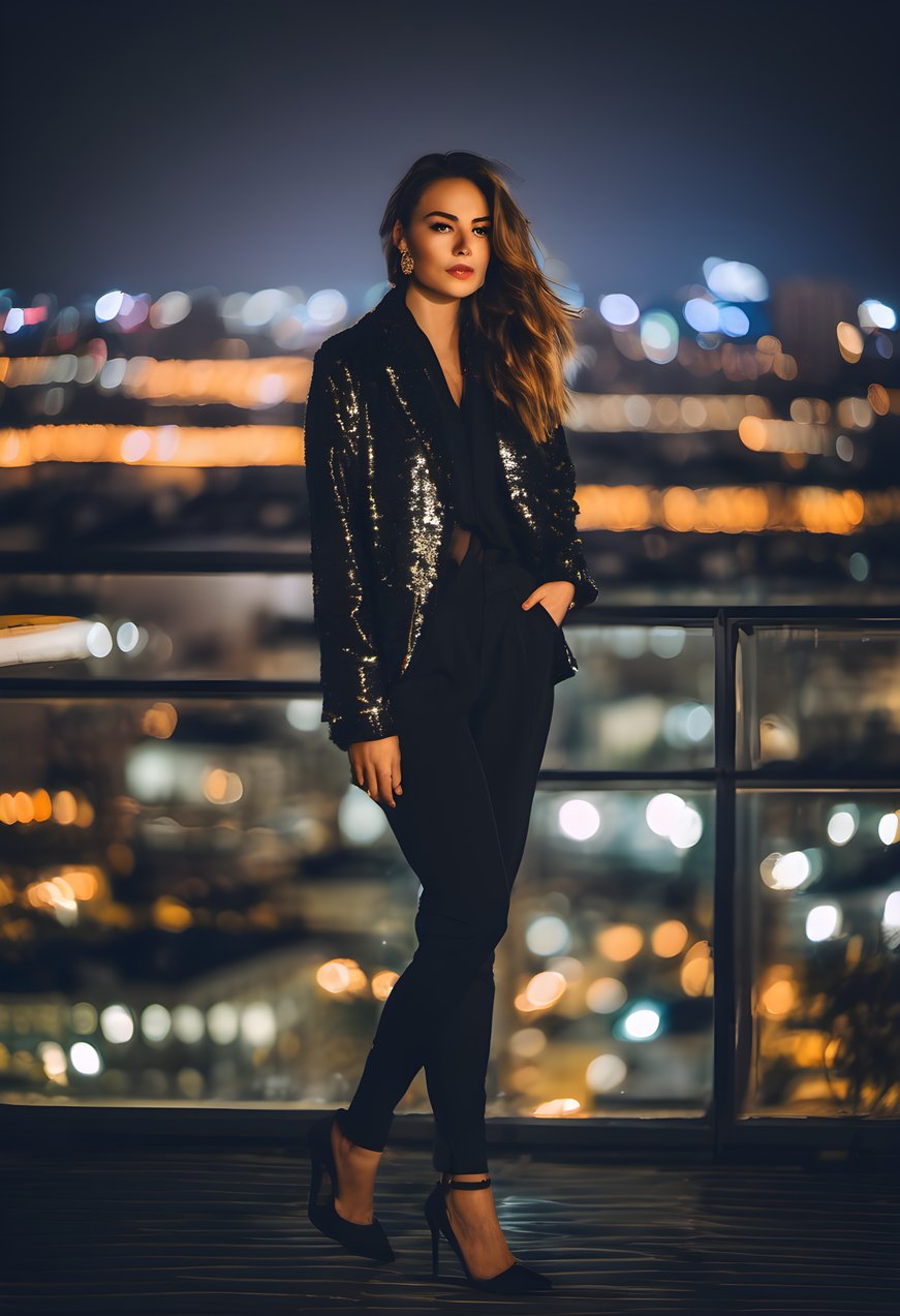 A confident young woman on a rooftop with city lights bokeh behind her