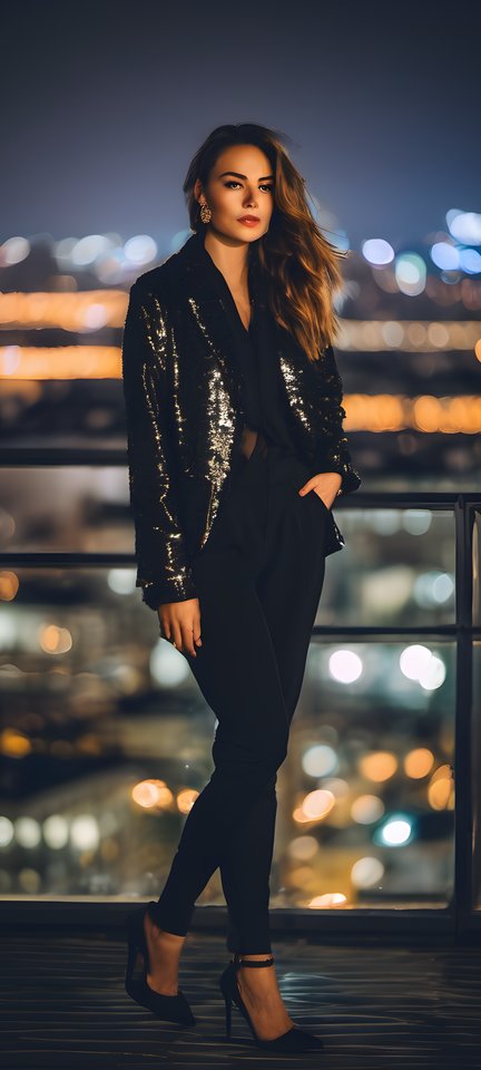 A confident young woman on a rooftop with city lights bokeh behind her