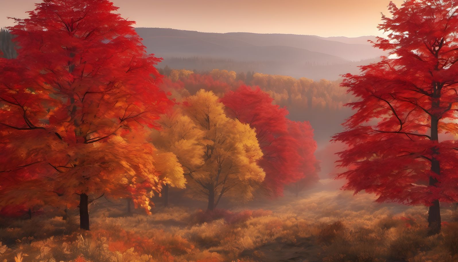A valley of maple trees in full red and gold autumn color in soft morning light