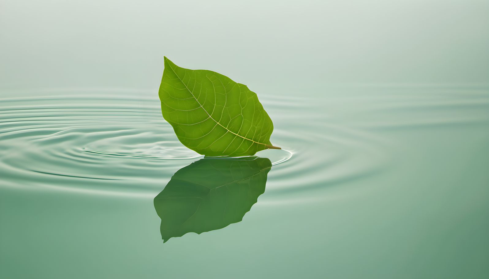 A single green leaf resting on pale water with soft ripples