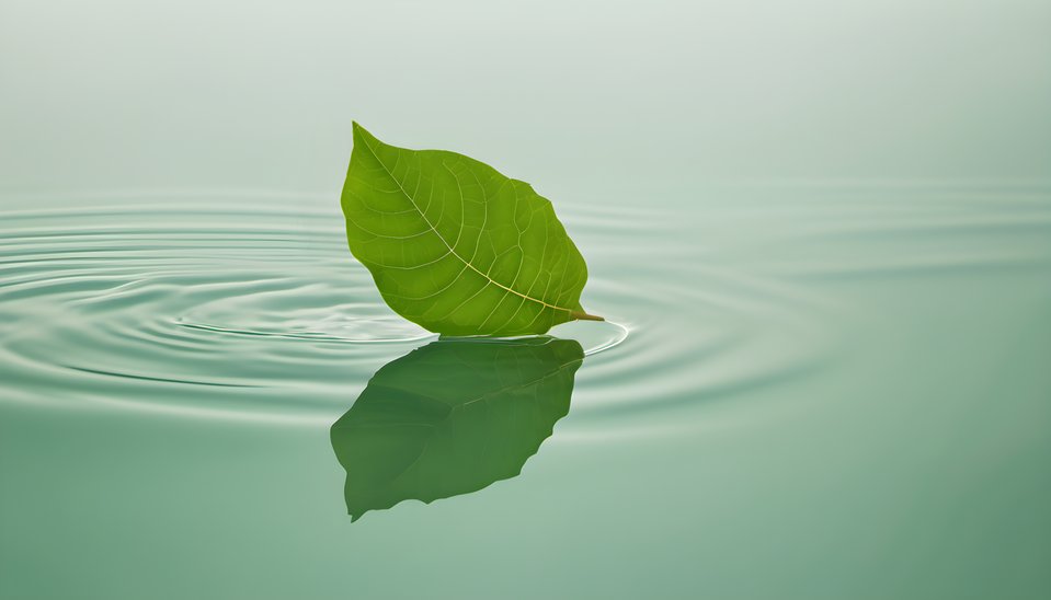 A single green leaf resting on pale water with soft ripples
