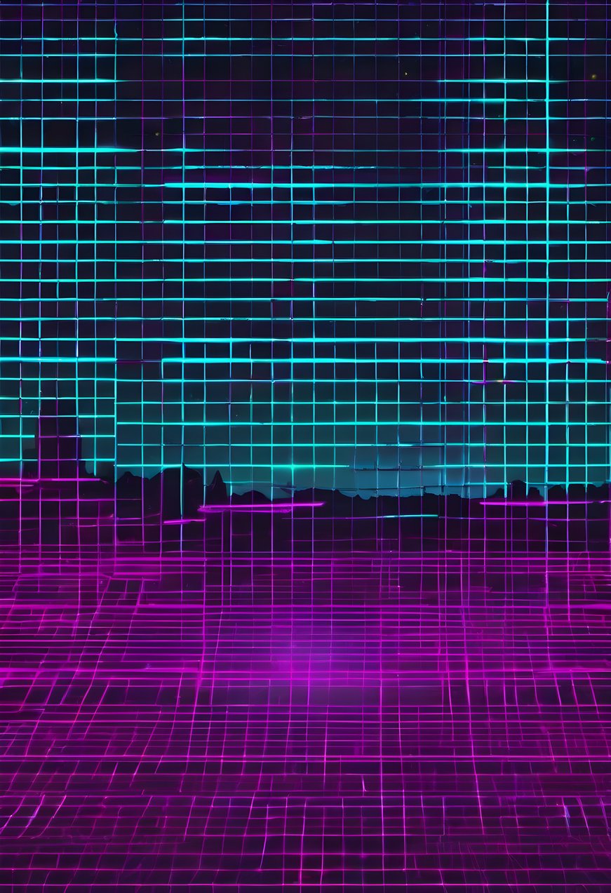 A cyan and magenta neon grid stretching toward a dark synthwave horizon