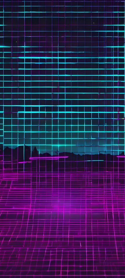 A cyan and magenta neon grid stretching toward a dark synthwave horizon