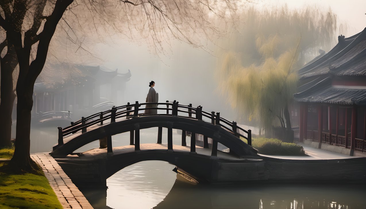 A woman in hanfu on a stone bridge in a misty ancient water town
