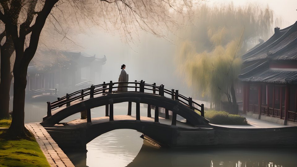 A woman in hanfu on a stone bridge in a misty ancient water town