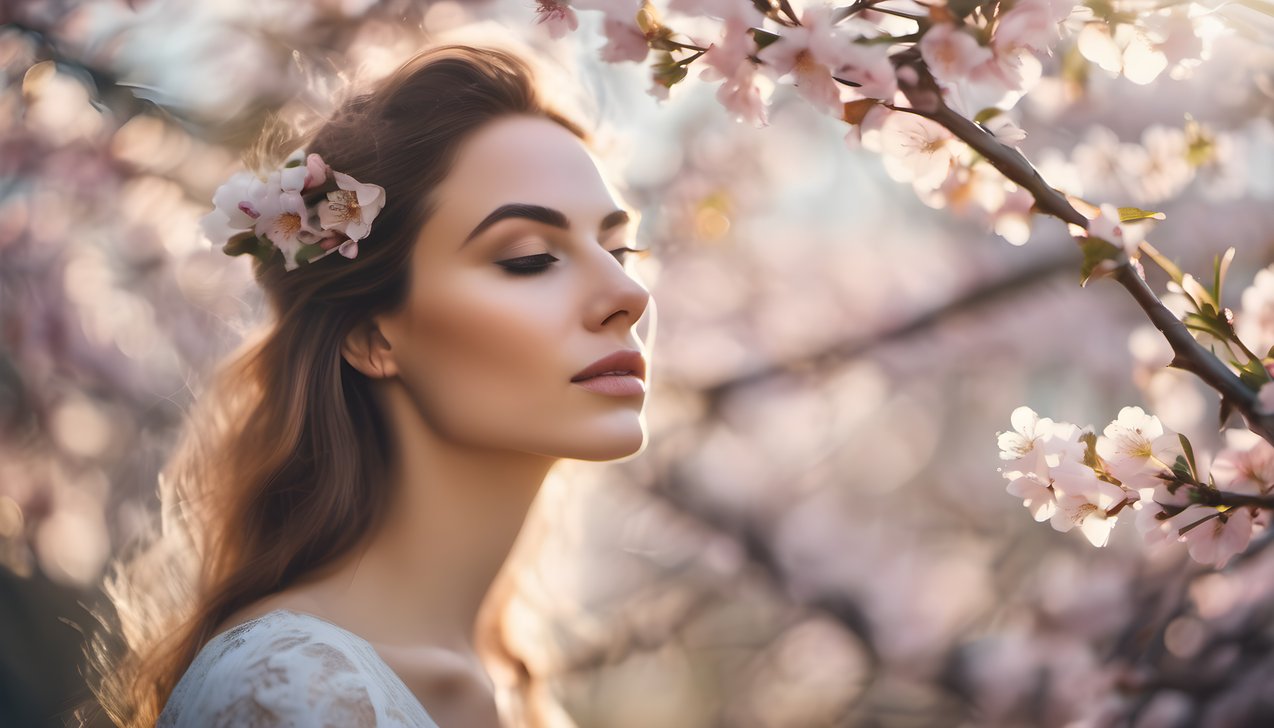 A close portrait of a young woman among spring blossom branches and petals