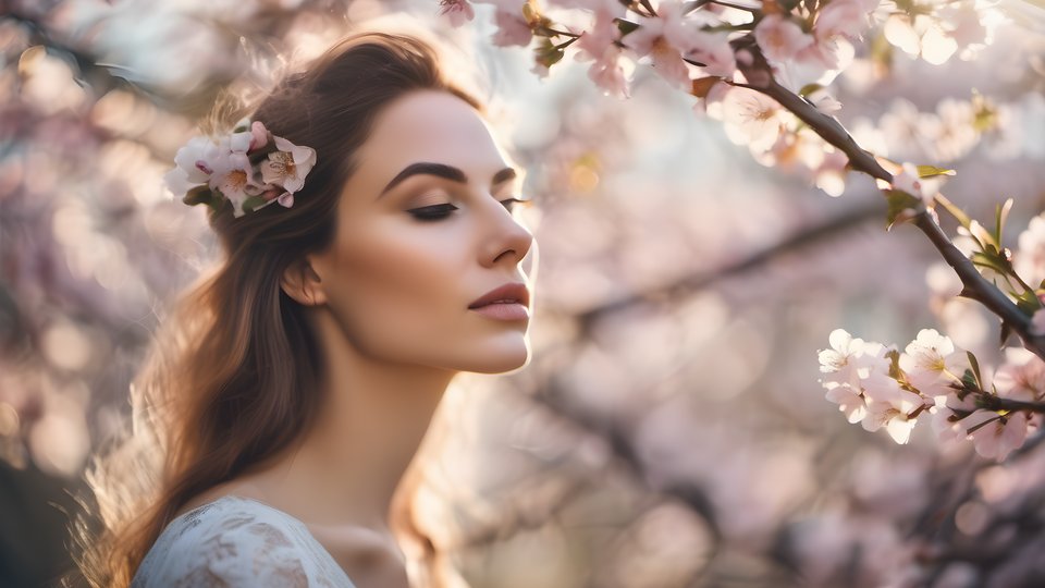 A close portrait of a young woman among spring blossom branches and petals