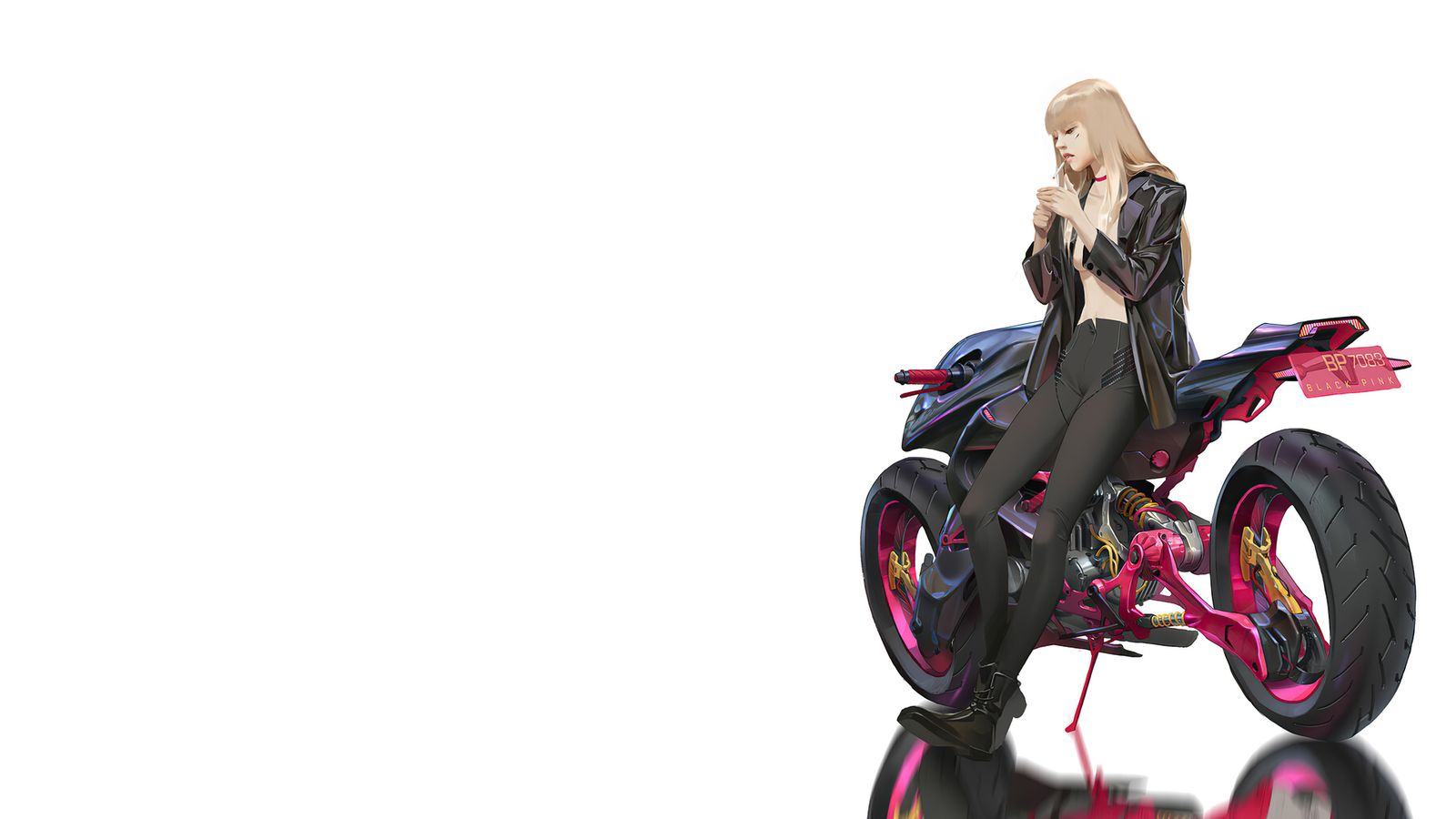 An anime-style blonde woman in black clothes sitting sideways on a sleek cyberpunk motorcycle with pink accents.