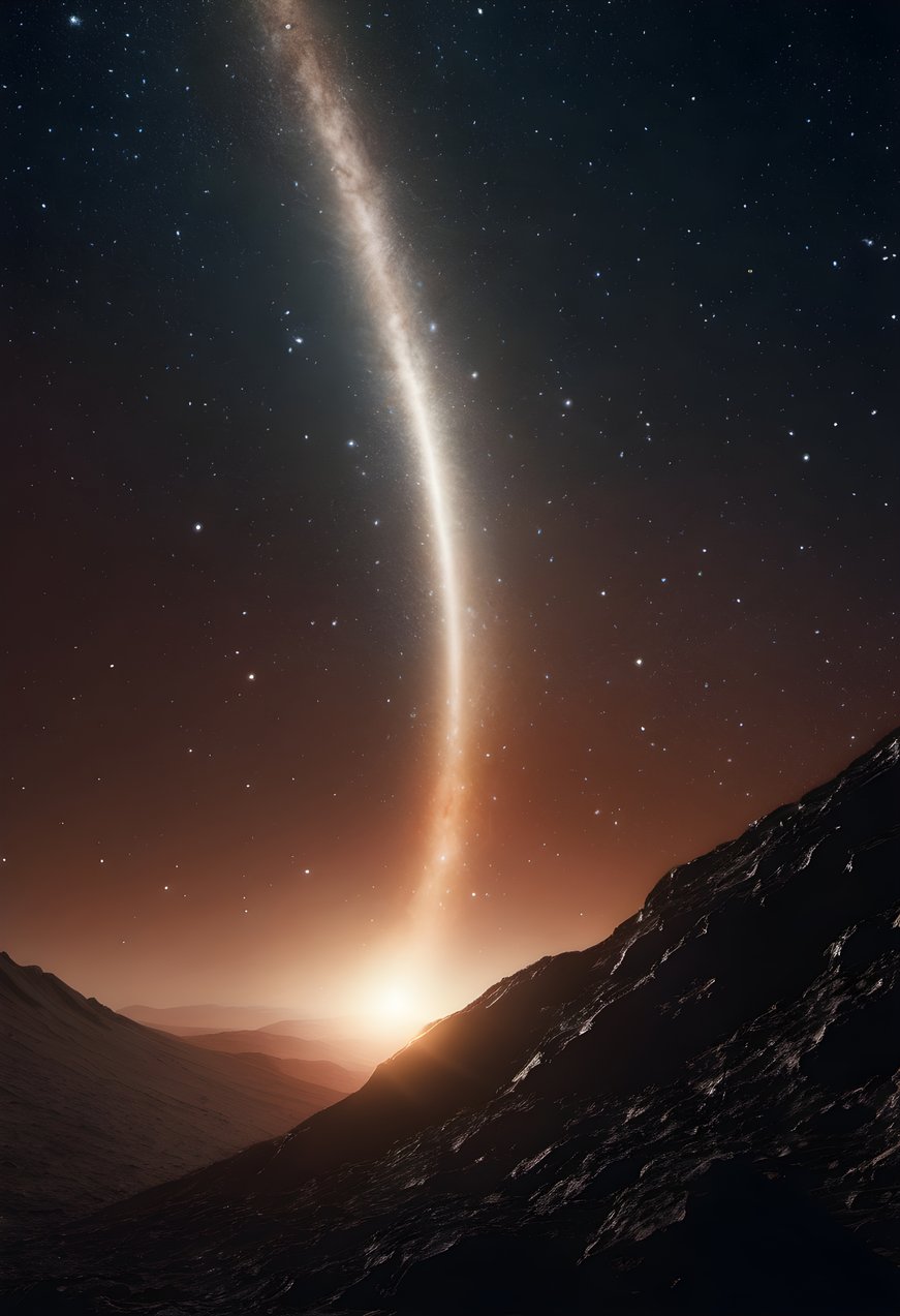 A comet tail sweeping across a dense star field in cinematic scale