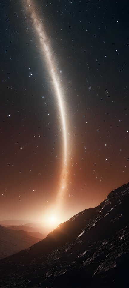 A comet tail sweeping across a dense star field in cinematic scale