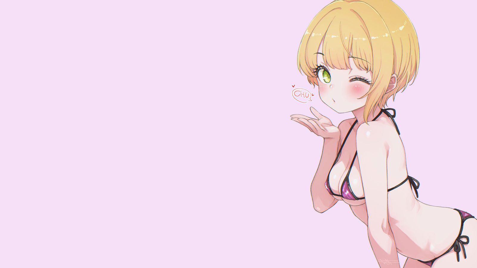 Anime illustration of a winking blonde girl in a bikini blowing a kiss against a pink background.