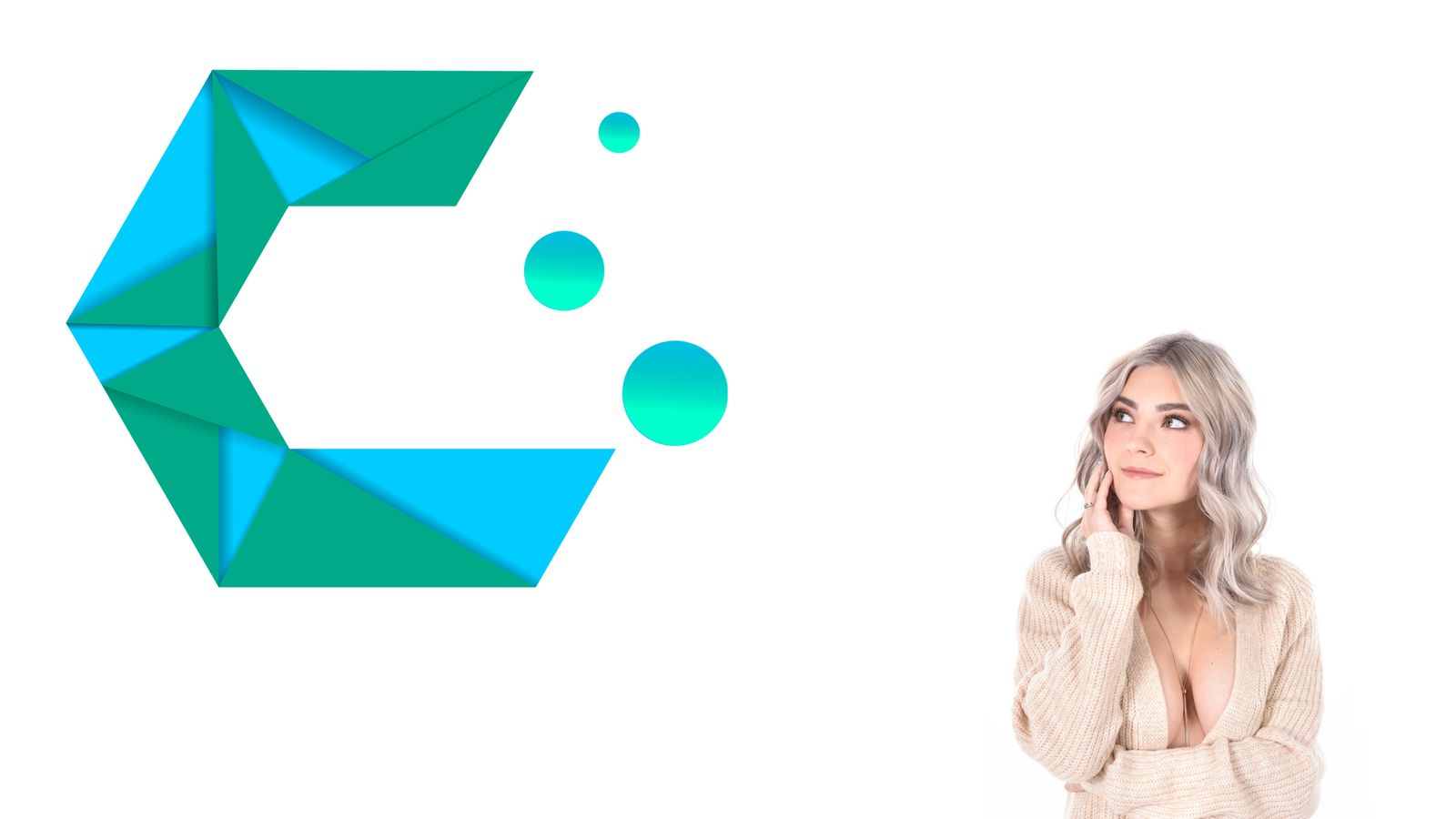 A geometric green and blue letter C logo with dots beside a thoughtful blonde woman on a white background.