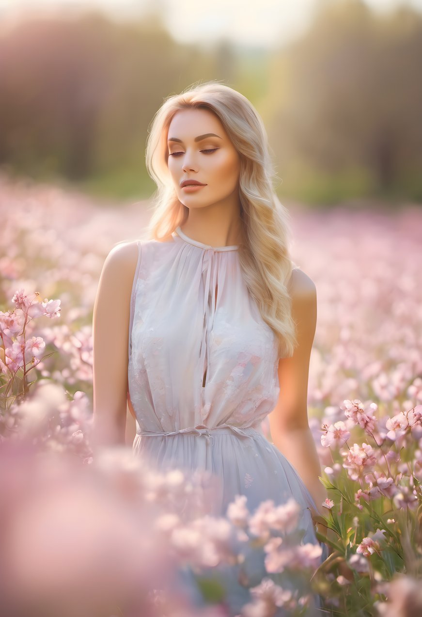 A young woman in a spring flower field with pastel blossoms and soft light