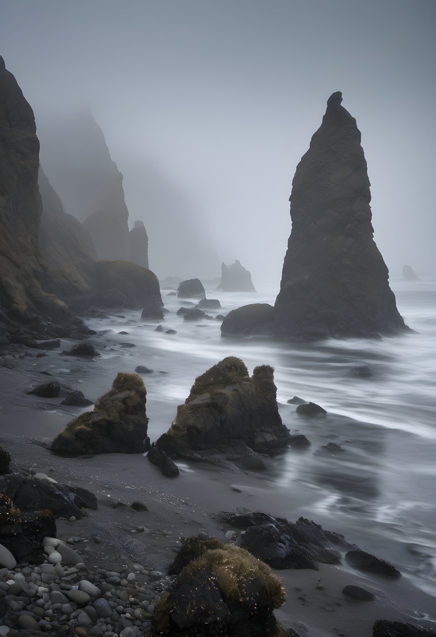 Sea stacks rising from the ocean in morning fog after rain