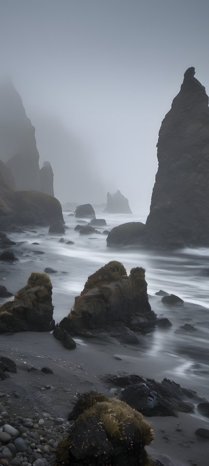 Sea stacks rising from the ocean in morning fog after rain