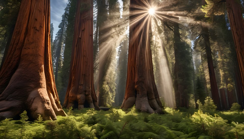 Sunbeams piercing an ancient sequoia grove under dramatic clouds