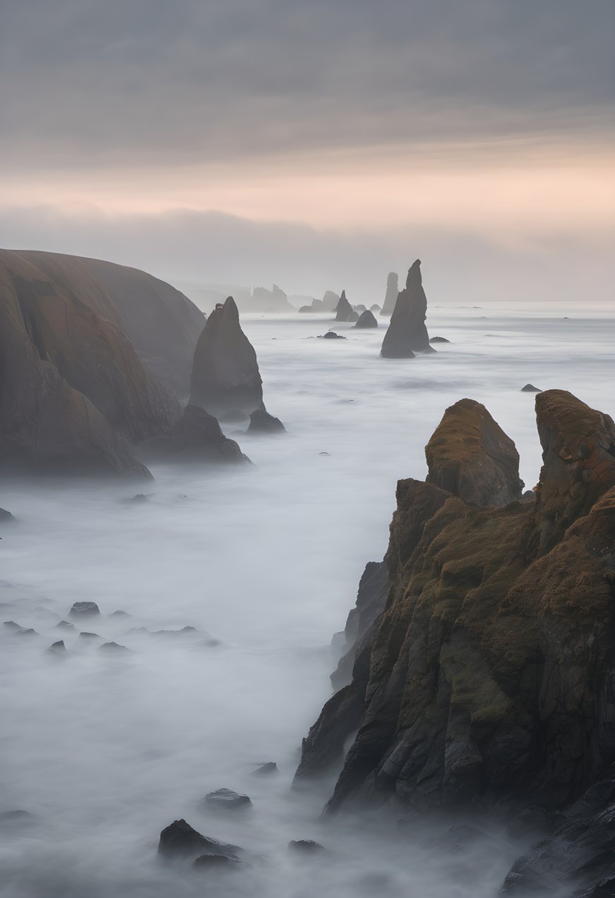 Sea stacks rising from the ocean in morning fog