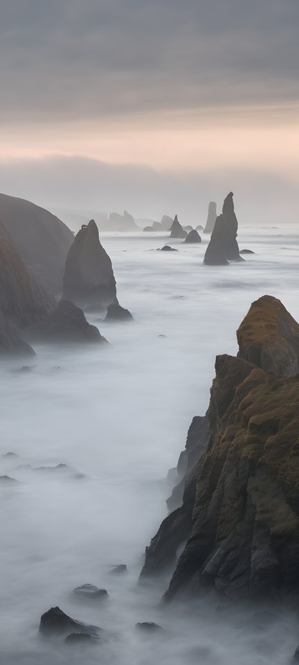 Sea stacks rising from the ocean in morning fog