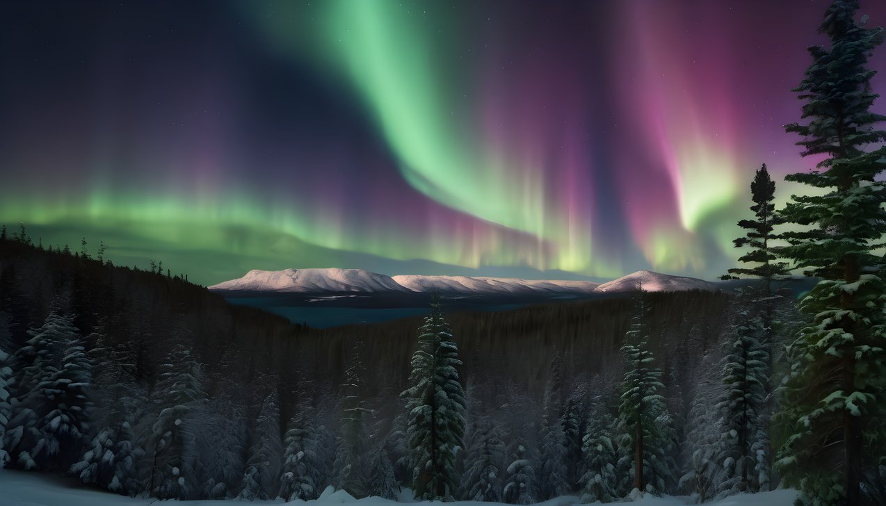 Northern lights dancing above a silhouetted pine forest under dramatic clouds