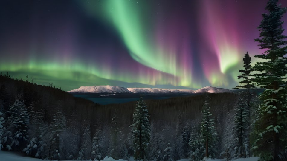 Northern lights dancing above a silhouetted pine forest under dramatic clouds