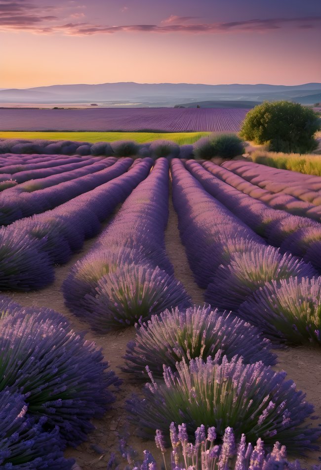 Rows of lavender stretching to the horizon at dusk at golden hour
