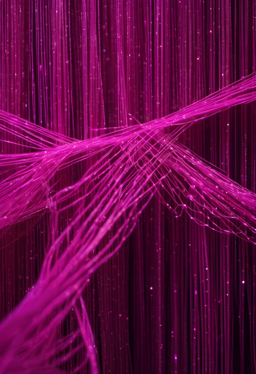 Fiber optic strands glowing magenta on black in a dark studio