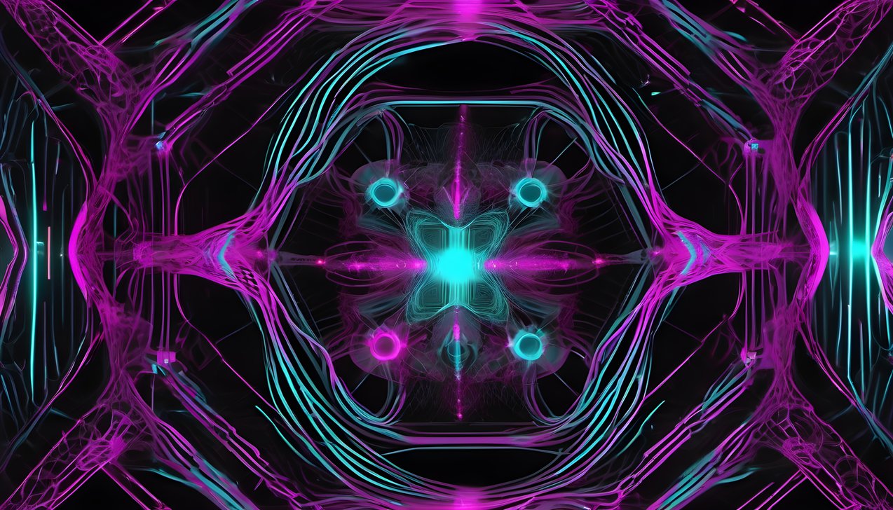 Dark fractal structures traced with thin cyan and magenta neon lines