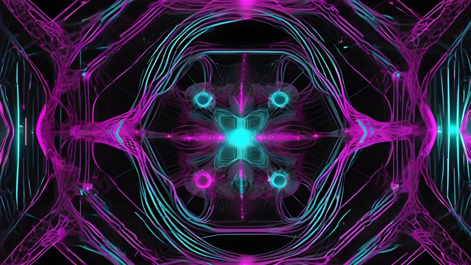 Dark fractal structures traced with thin cyan and magenta neon lines