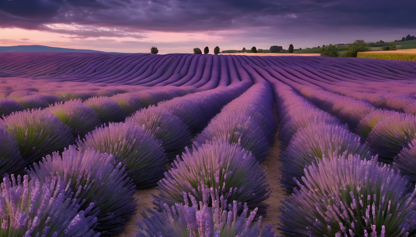 Rows of lavender stretching to the horizon at dusk after rain