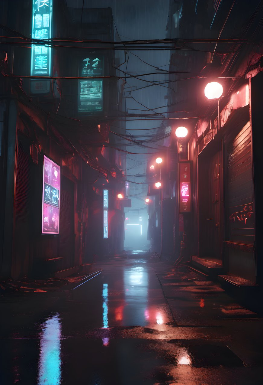 A narrow cyberpunk alley glowing with lanterns reflected on wet ground