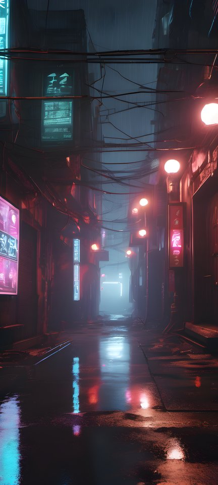 A narrow cyberpunk alley glowing with lanterns reflected on wet ground